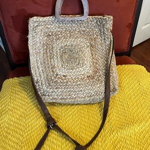 Woven Tan Tote Bag with Brown Straps for festival and beach